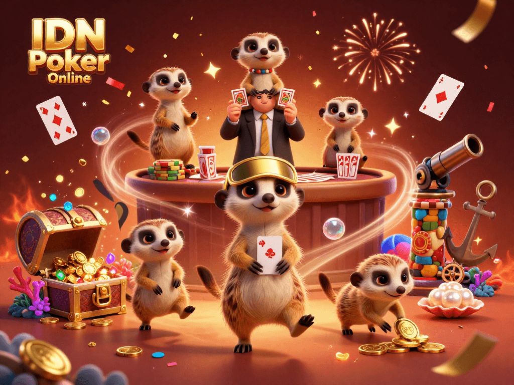 IDN Poker Online showcases a lively meerkat casino scene with cards and confetti for engaging online gaming.