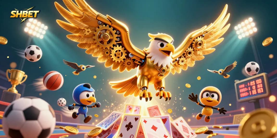 Engage with SHBET while witnessing a golden eagle soaring amidst vibrant casino elements and dynamic gameplay.