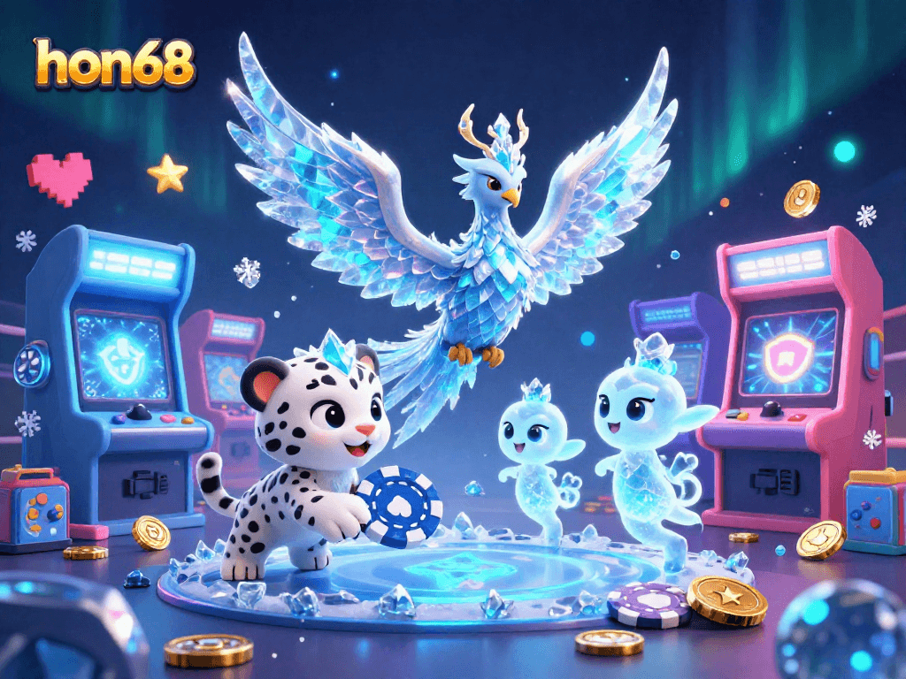 Engage in thrilling gameplay at hon68 with a captivating illustration of an ice phoenix and a snow leopard cub amidst vibrant casino elements.