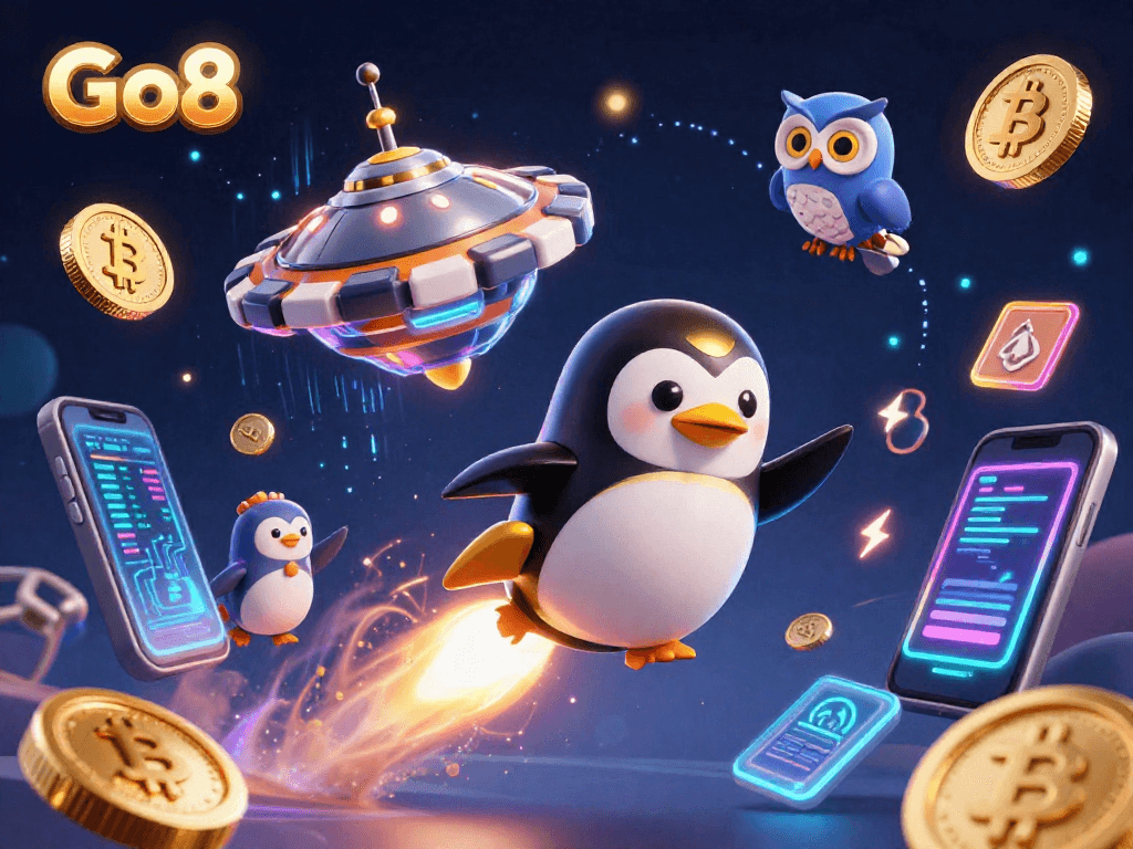Win big with Go8 in a vibrant casino scene showcasing gold coins and crypto elements.