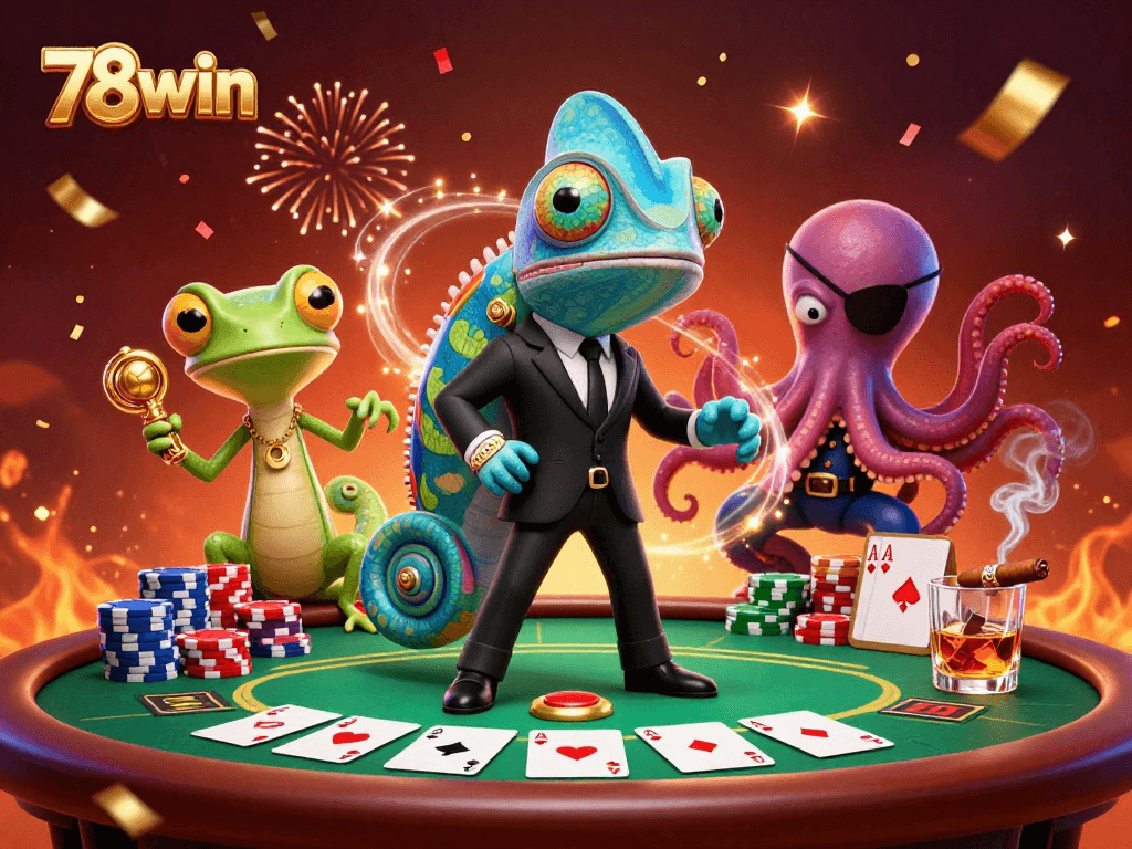Experience thrilling moments with 78win in this vibrant 3D casino scene featuring a dynamic card game.