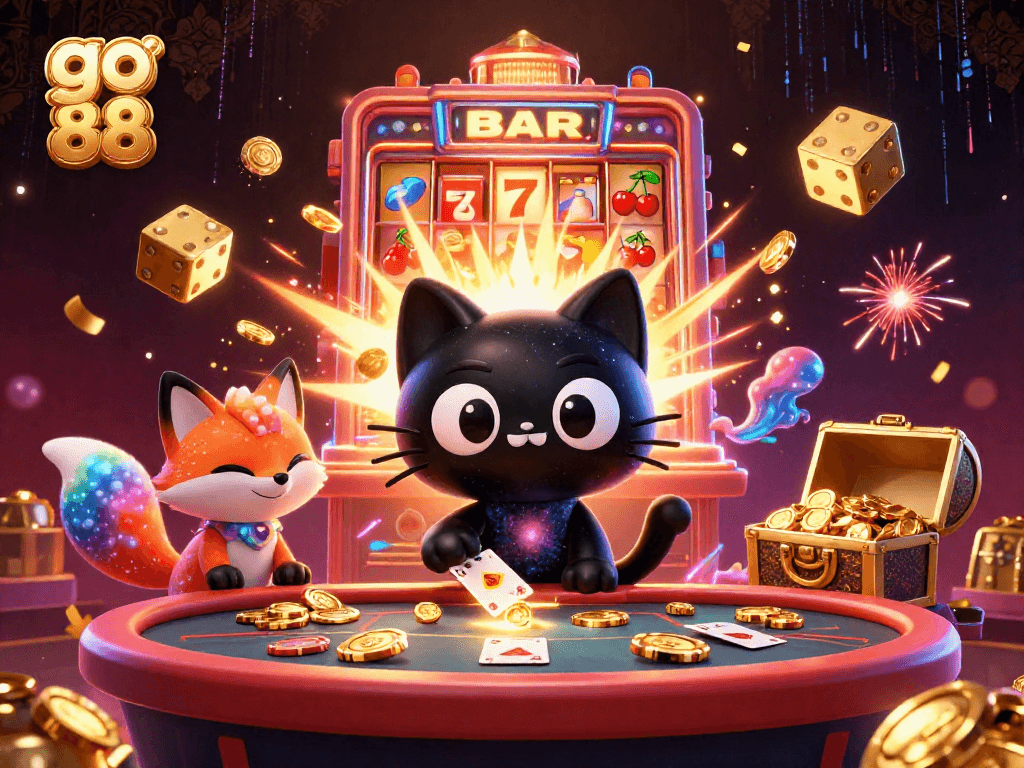 Witness the cosmic charm of go 88 as a black hole cat pulls in chips at a dynamic casino scene.