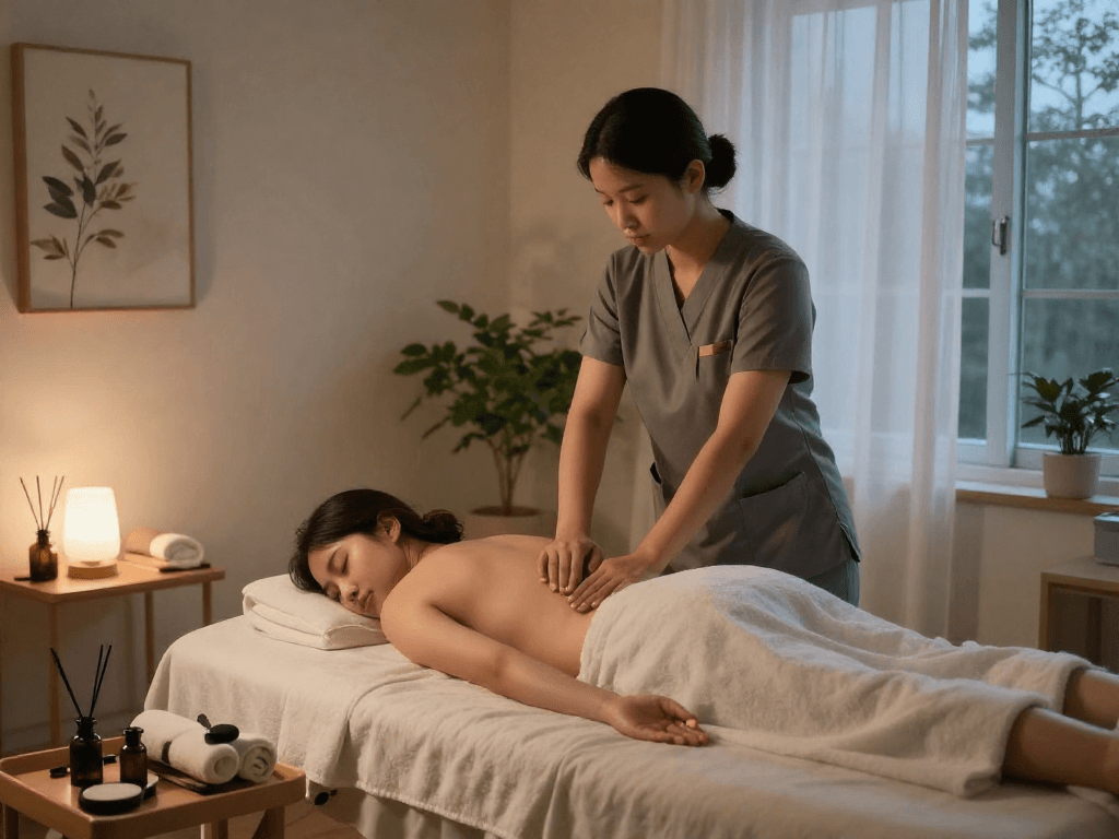 판교출장마사지 in a peaceful home setting with a professional therapist, soft ambient lighting, and calming decor.