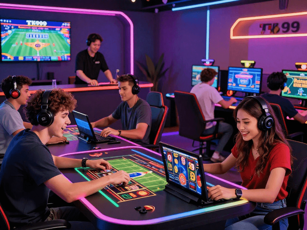 Engaged players enjoying the TK999 online betting platform in a vibrant gaming atmosphere.
