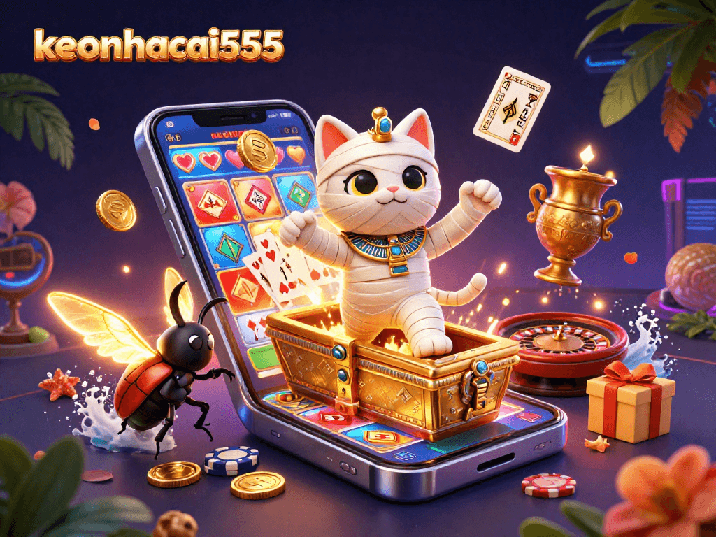 Win big at keonhacai555 with a vibrant 3D scene of a mummy cat in a casino.