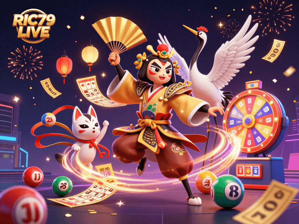 Experience RIC79 LIVE excitement with a colorful dynamic casino celebration scene.
