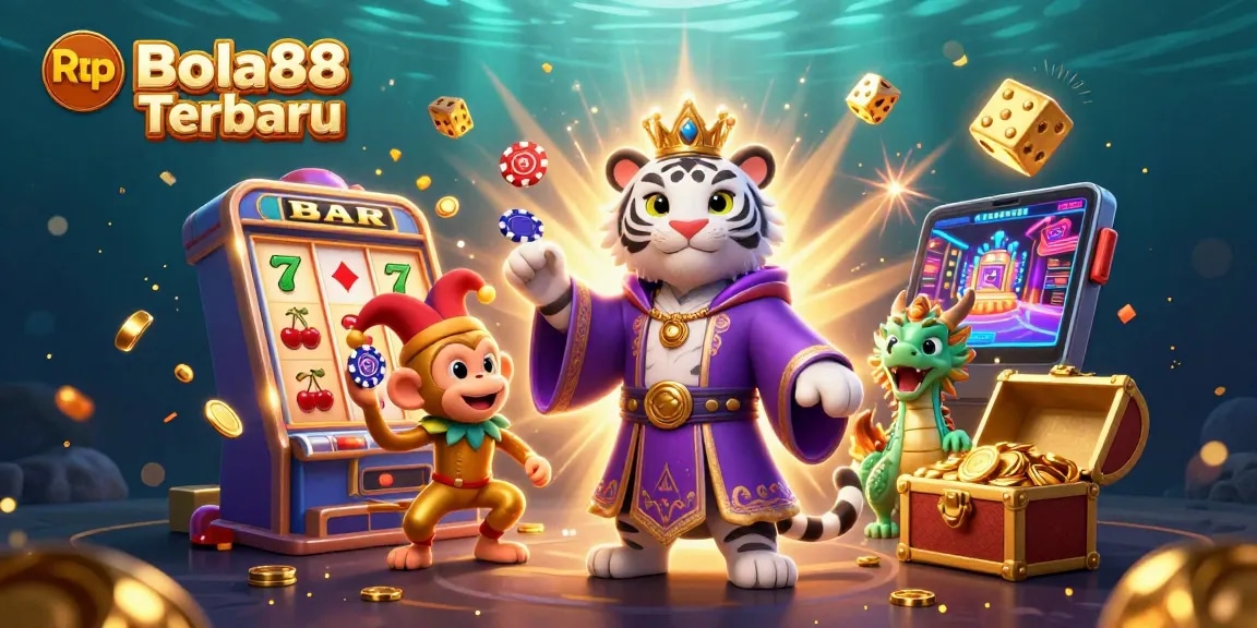 Experience the excitement of Rtp Bola88 Terbaru in this vibrant illustration with casino elements and engaging characters.