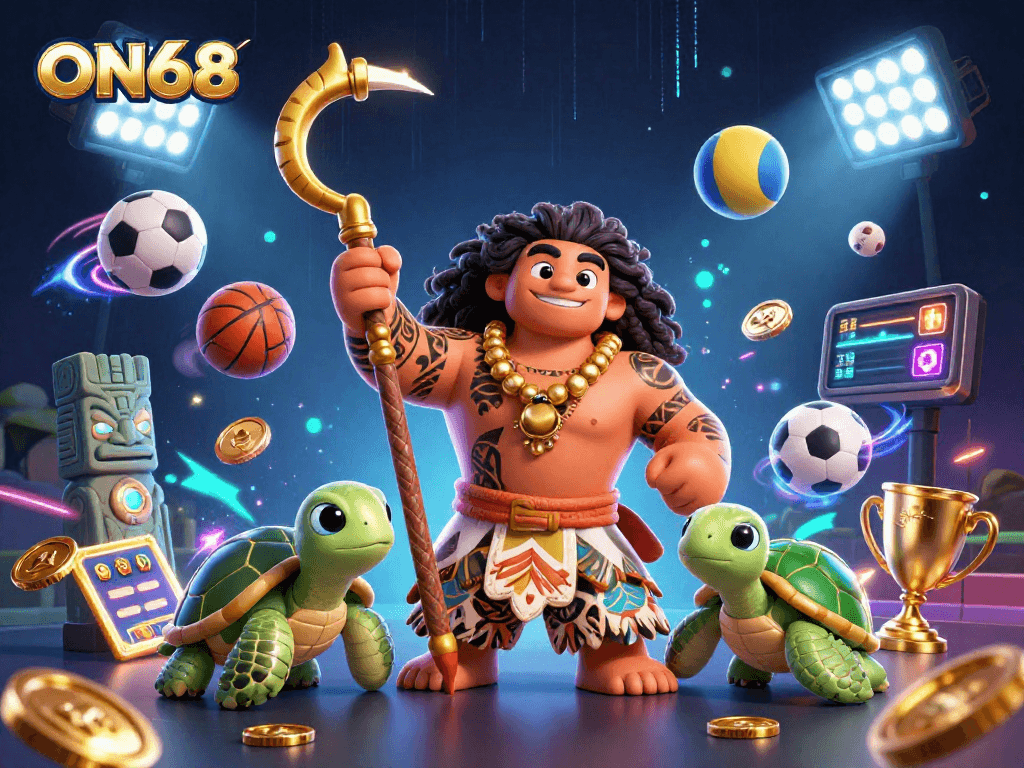 ON68 features an exciting scene with sports elements and a magical character engaging in thrilling gameplay.
