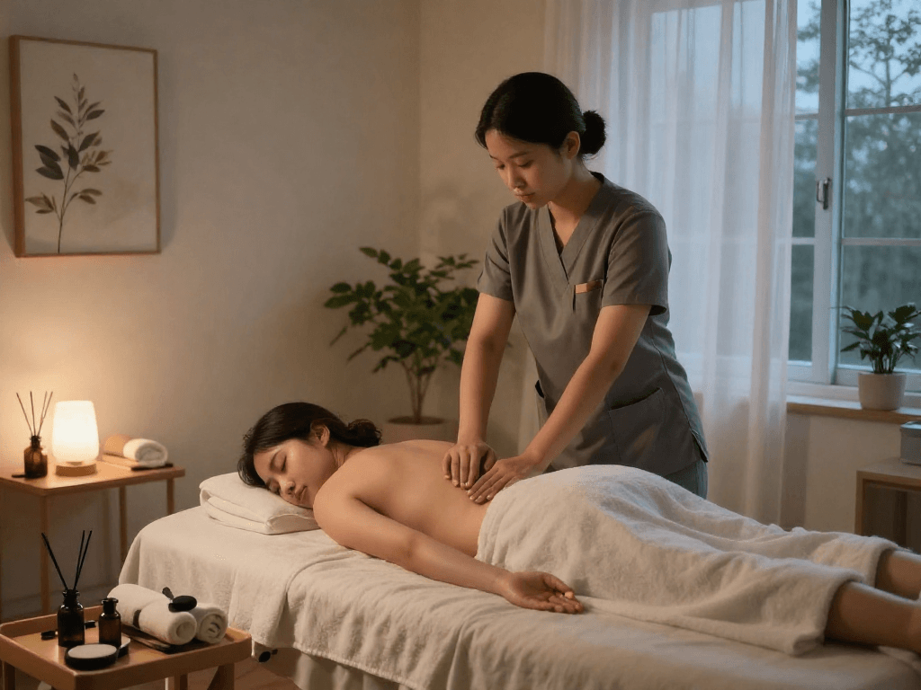 판교출장마사지 in a peaceful home setting with a professional therapist, soft ambient lighting, and calming decor.