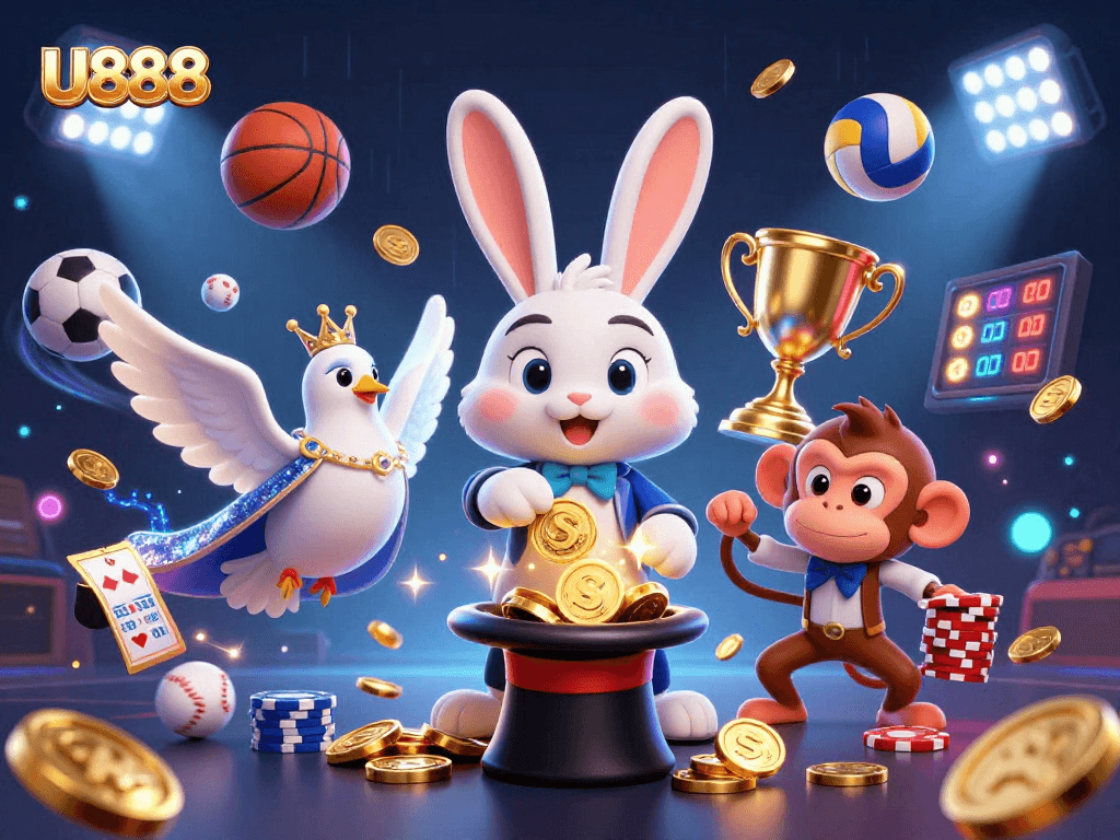 U888 magician rabbit pulls golden coins amid sports balls, dazzling casino scene rich in action.