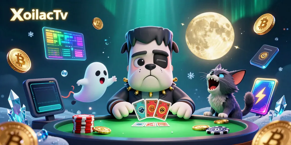 XoilacTv features a monstrous bulldog dealer amidst animated crypto gaming elements.