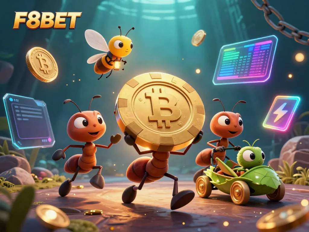 Join F8BET's heist with 3D cartoon ants stealing a giant poker chip in an exciting casino adventure.