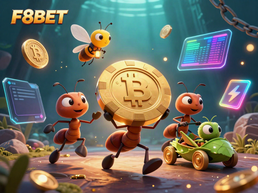 Join F8BET's heist with 3D cartoon ants stealing a giant poker chip in an exciting casino adventure.