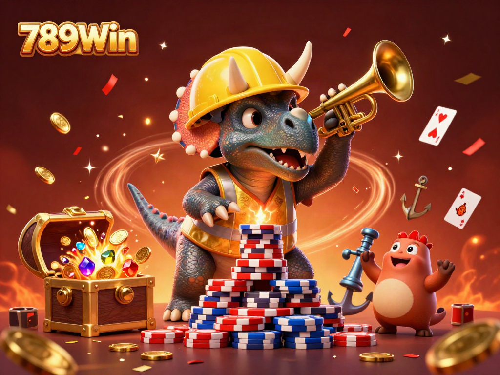 Gameplay celebrating 789Win with a triceratops stacking poker chips, dynamic casino action.