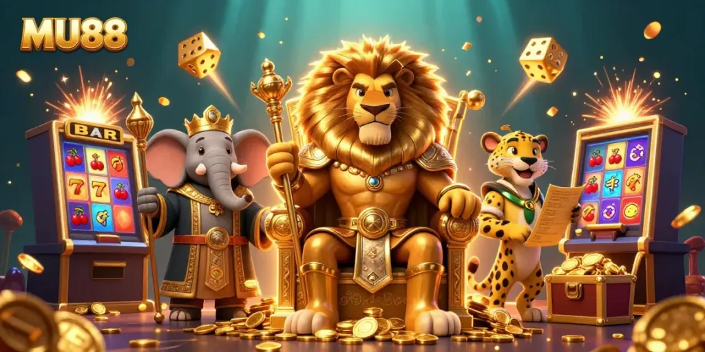 Experience the excitement of MU88 with thrilling casino elements, showcasing a majestic lion king and vibrant game features.