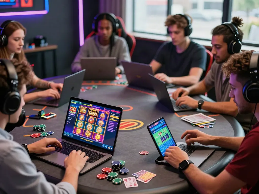 Players enjoying casino games at debet.gb.net in a lively online gaming setup.