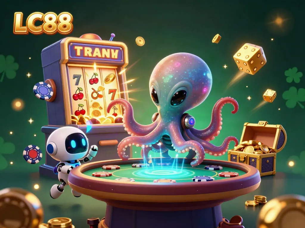 Experience LC88's vibrant casino atmosphere with an alien octopus at a holographic poker table.
