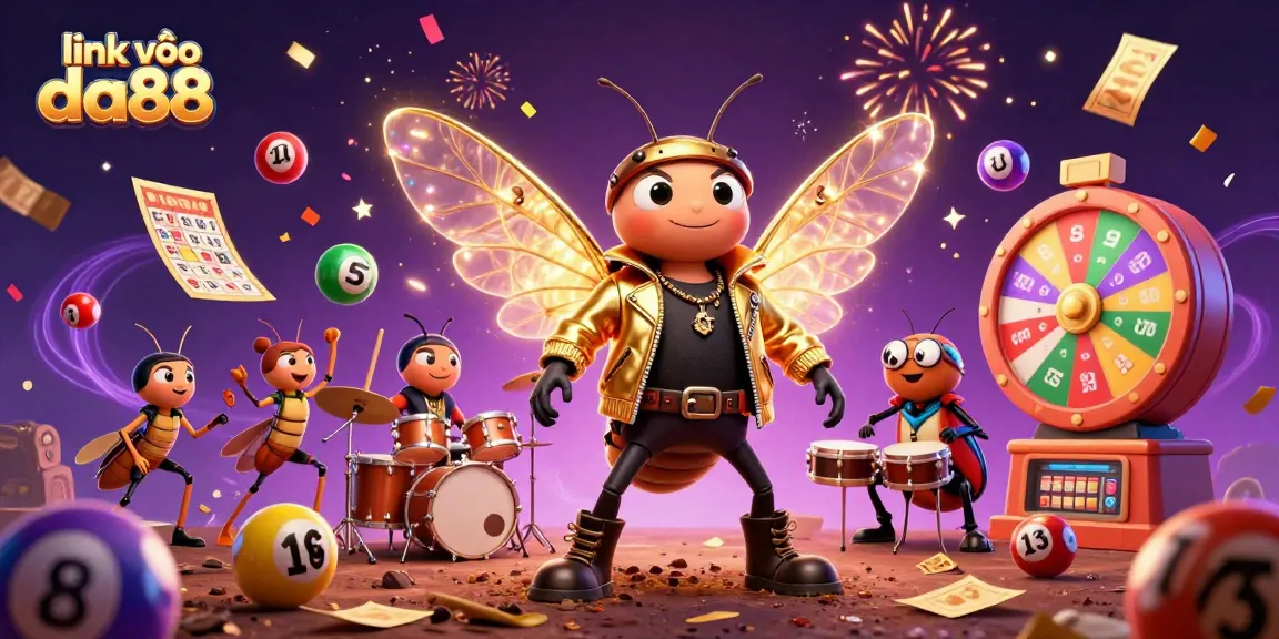 Experience the thrill of chance with link vào da88 as vibrant lottery elements burst around a cicada rock star hero.