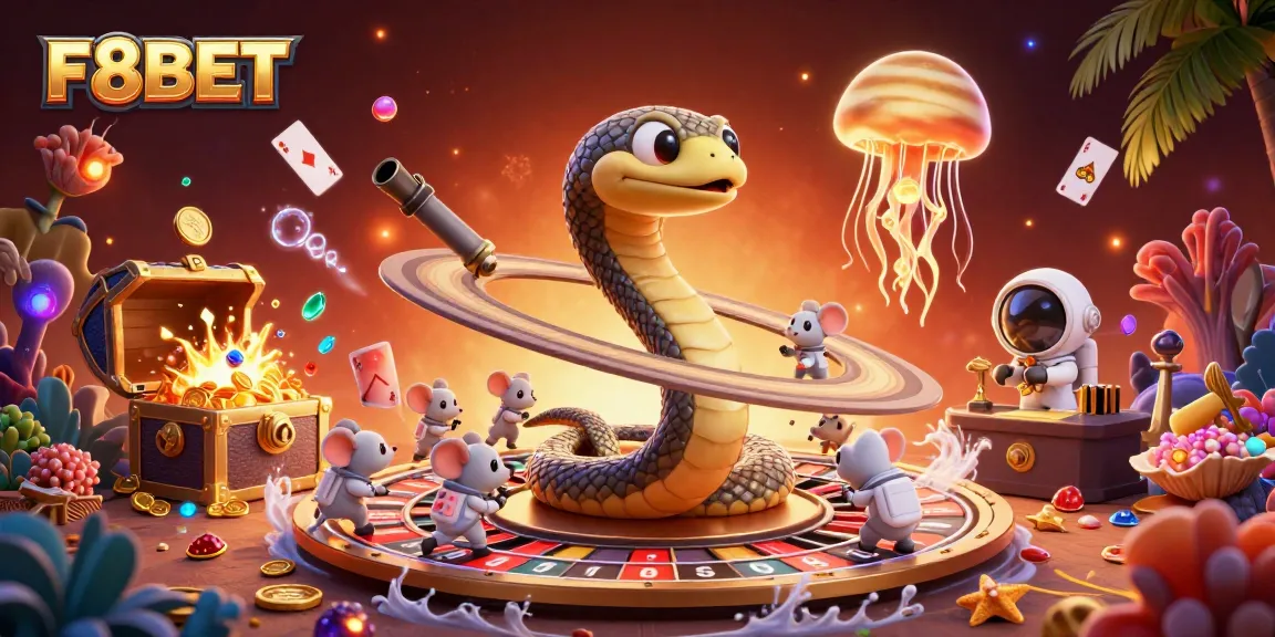 Experience the thrill of F8BET with a cosmic betting scene featuring interactive games and animated characters.