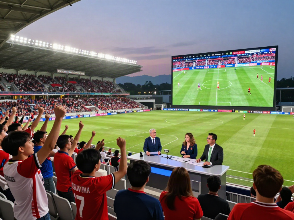 Thapcamtv live soccer broadcasting scene with fans cheering and commentators at work.