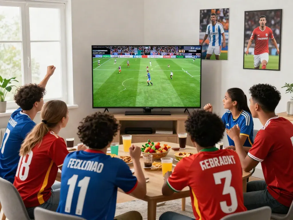 Excited fans enjoying a live socolive soccer match in a vibrant living room.