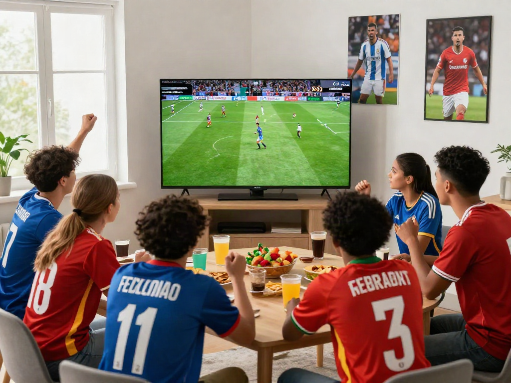 Excited fans enjoying a live socolive soccer match in a vibrant living room.