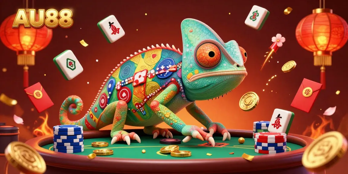 Experience the vibrant casino world of AU88 with a colorful chameleon casino owner amidst lively gaming elements.