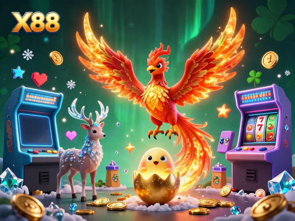 X88 slots-themed illustration showcasing a phoenix and stag, surrounded by vibrant game elements.