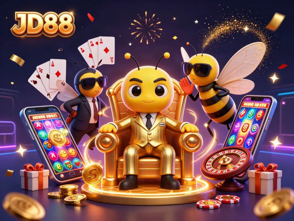 JD88 casino illustration featuring a bumblebee mob boss with vibrant games and golden coins.