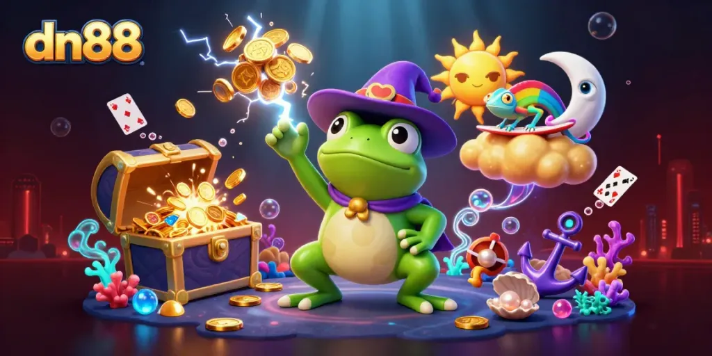 Engage with dn88 as the wizard frog conjures coins and excitement in a vibrant casino scene.