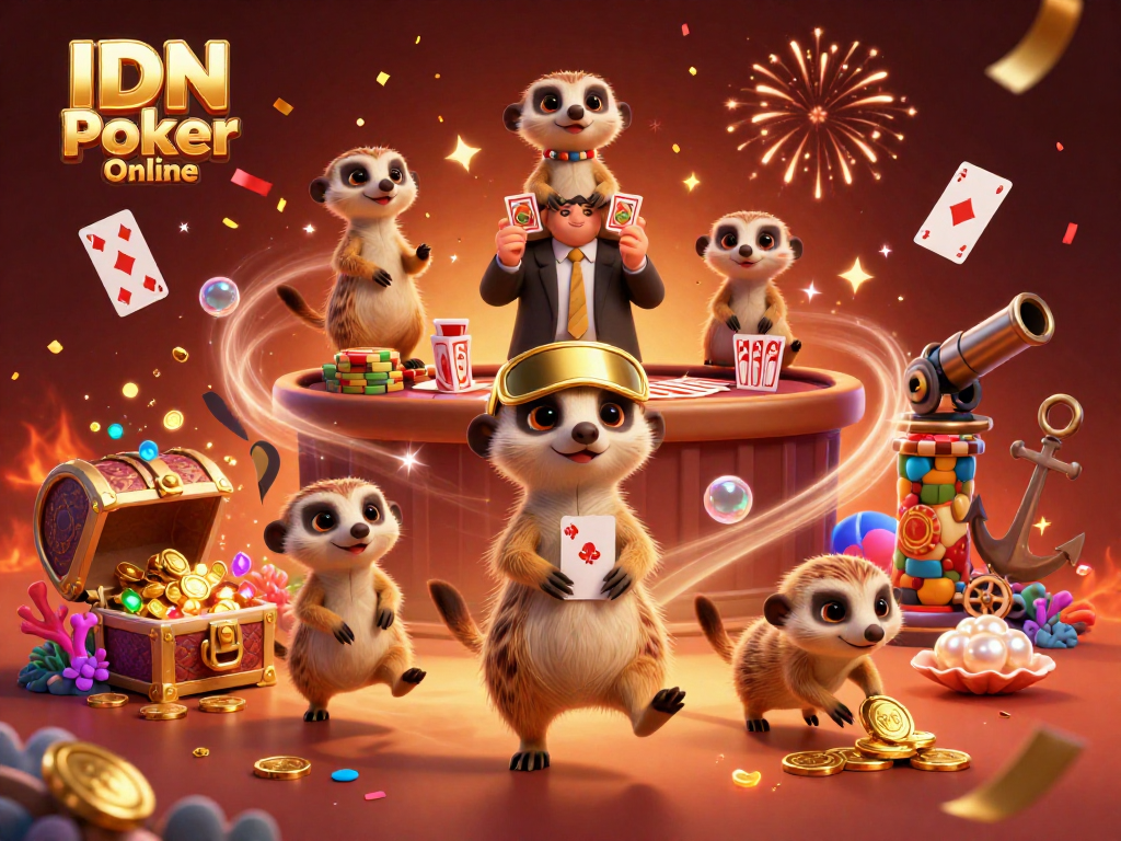 IDN Poker Online showcases a lively meerkat casino scene with cards and confetti for engaging online gaming.