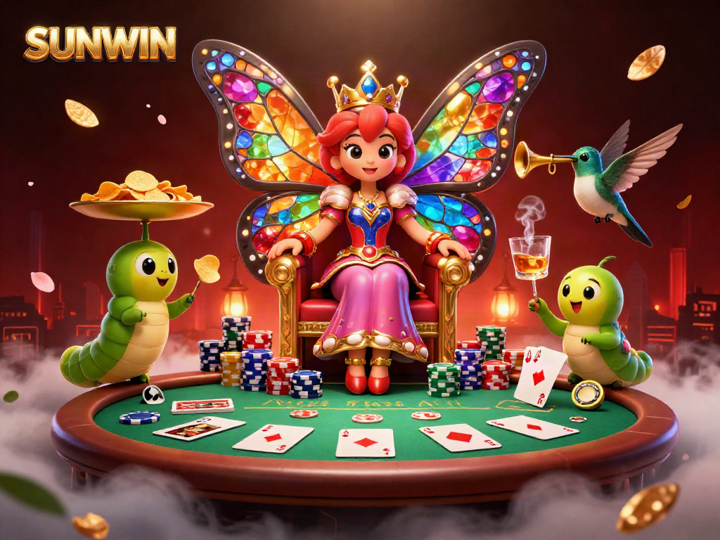 Experience the vibrant world of SUNWIN with a butterfly queen, poker elements, and dynamic characters.