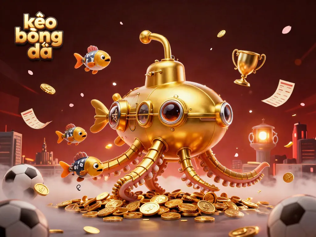 Experience kèo bóng đá excitement with a golden kraken submarine amidst gold coins and sports elements.