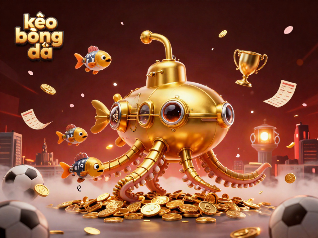 Experience kèo bóng đá excitement with a golden kraken submarine amidst gold coins and sports elements.