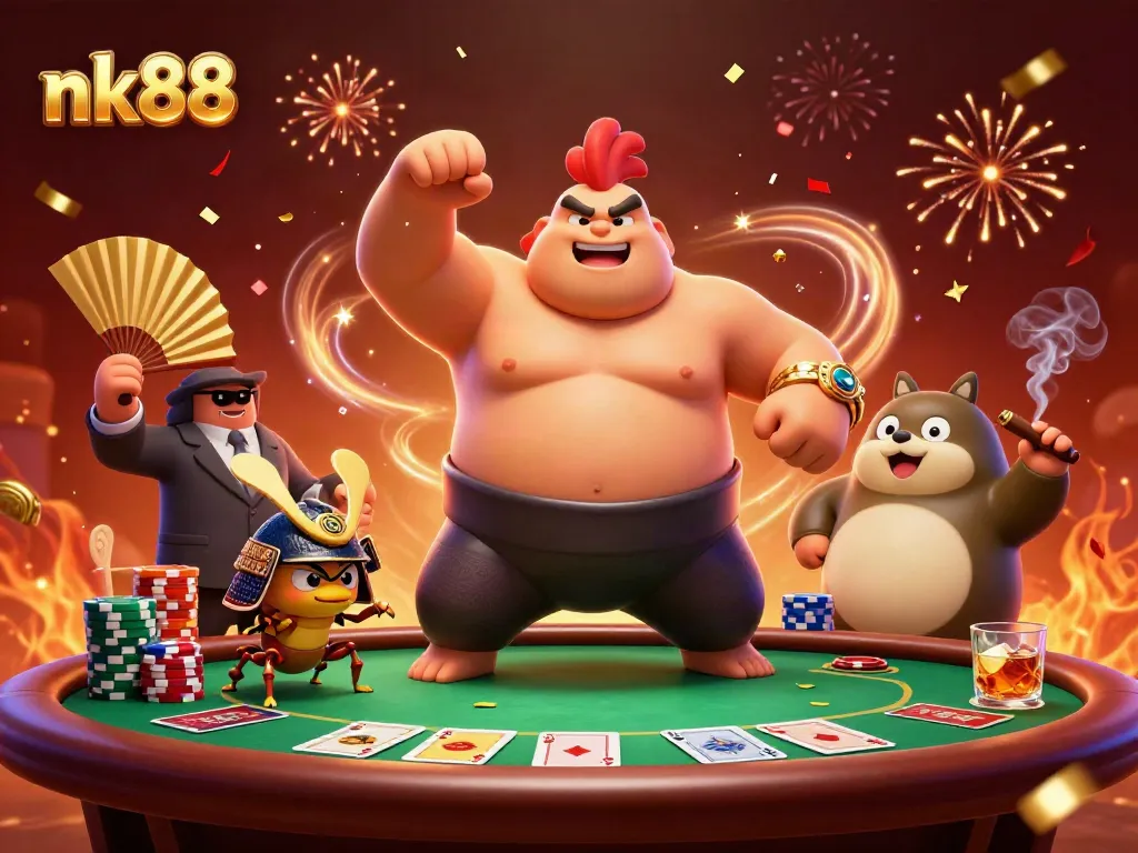 Experience nk88 with thrilling poker action featuring powerful characters in a lively casino scene.