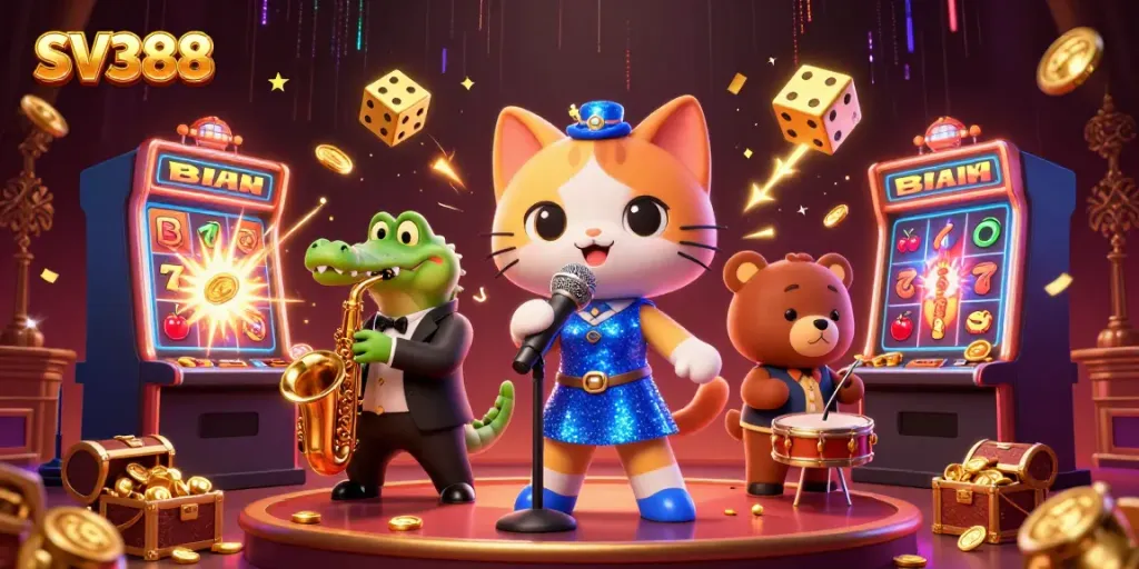 Win big with SV388's exciting gaming atmosphere and dynamic characters in a vibrant casino scene.