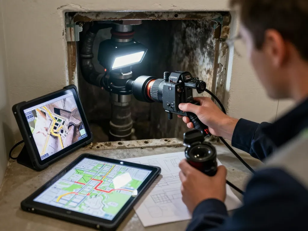 CCTV Drainage Survey London showcasing a technician inspecting underground pipes with advanced technology and bright LED lighting.