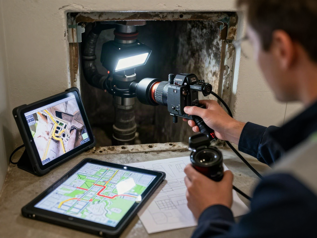 CCTV Drainage Survey London showcasing a technician inspecting underground pipes with advanced technology and bright LED lighting.