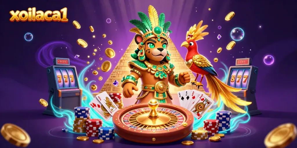 Experience the vibrant energy of xoilaca1 with a Mayan jaguar priest amidst dazzling casino elements.