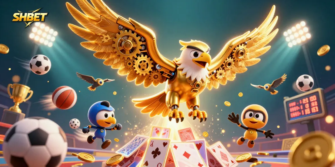 Engage with SHBET while witnessing a golden eagle soaring amidst vibrant casino elements and dynamic gameplay.