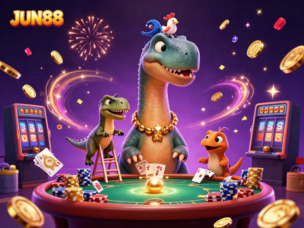 Experience the excitement at JUN88 with a giant brontosaurus dealer, colorful poker chips, and vibrant slot symbols.