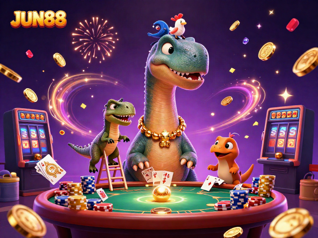 Experience the excitement at JUN88 with a giant brontosaurus dealer, colorful poker chips, and vibrant slot symbols.