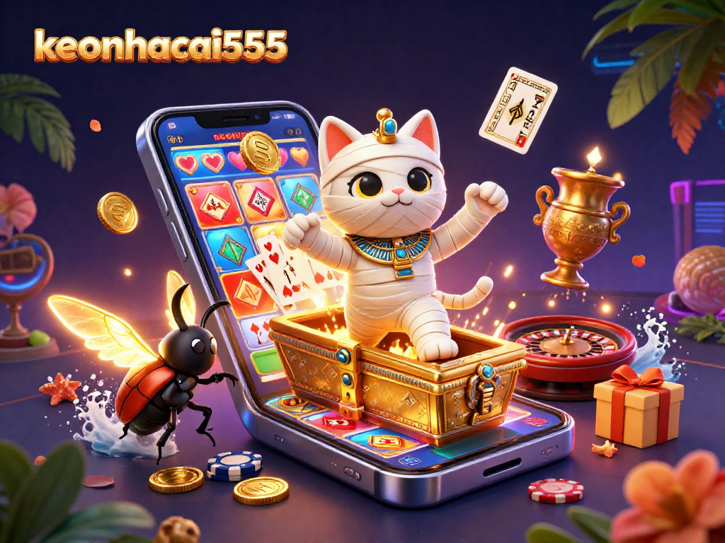 Win big at keonhacai555 with a vibrant 3D scene of a mummy cat in a casino.