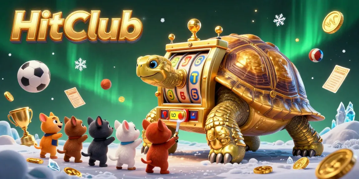 HitClub offers thrilling gameplay with a golden tortoise slot machine amidst a colorful scene of excitement.