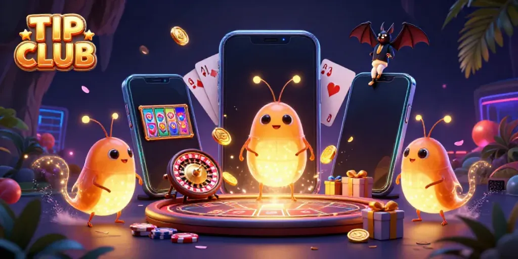 TIP CLUB showcases a vibrant casino scene with glowworms, games, and dynamic visuals.