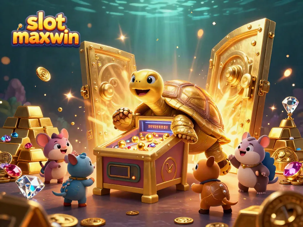 Experience slot maxwin with an exciting scene of a tortoise pinball machine amid treasures and eager players.