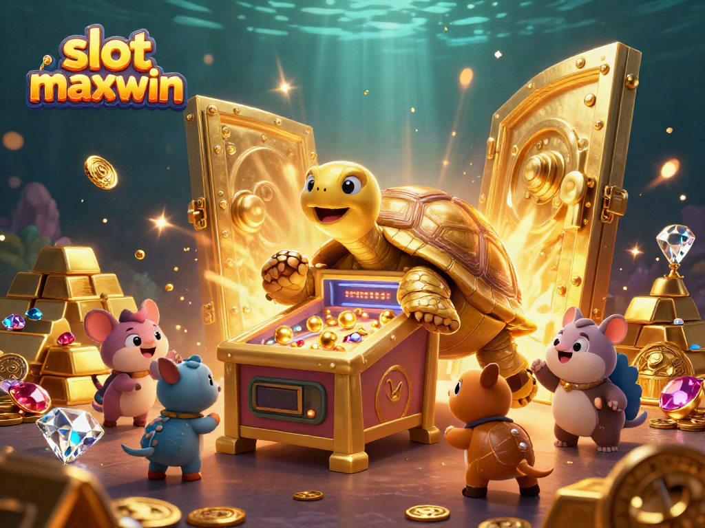 Experience slot maxwin with an exciting scene of a tortoise pinball machine amid treasures and eager players.