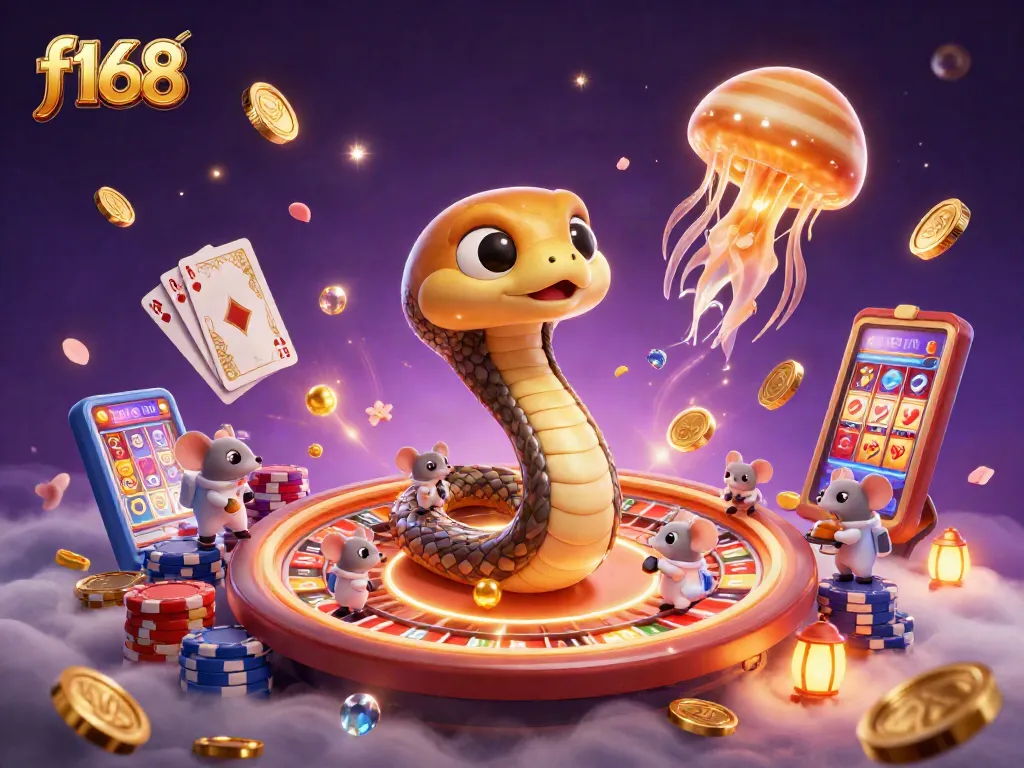 Experience thrilling bets with f168's cosmic casino featuring a Saturn snake and a golden jellyfish dealer.