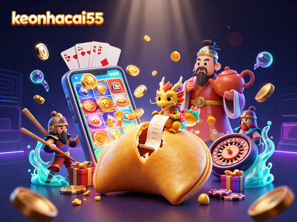 Spin and win with keonhacai55's vibrant 3D casino illustration showcasing slots and fortune.