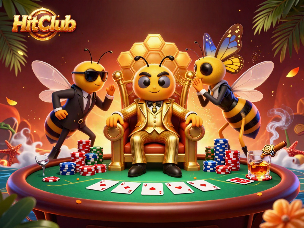 Join the HitClub with a vibrant poker scene featuring a cartoon bumblebee mob boss.